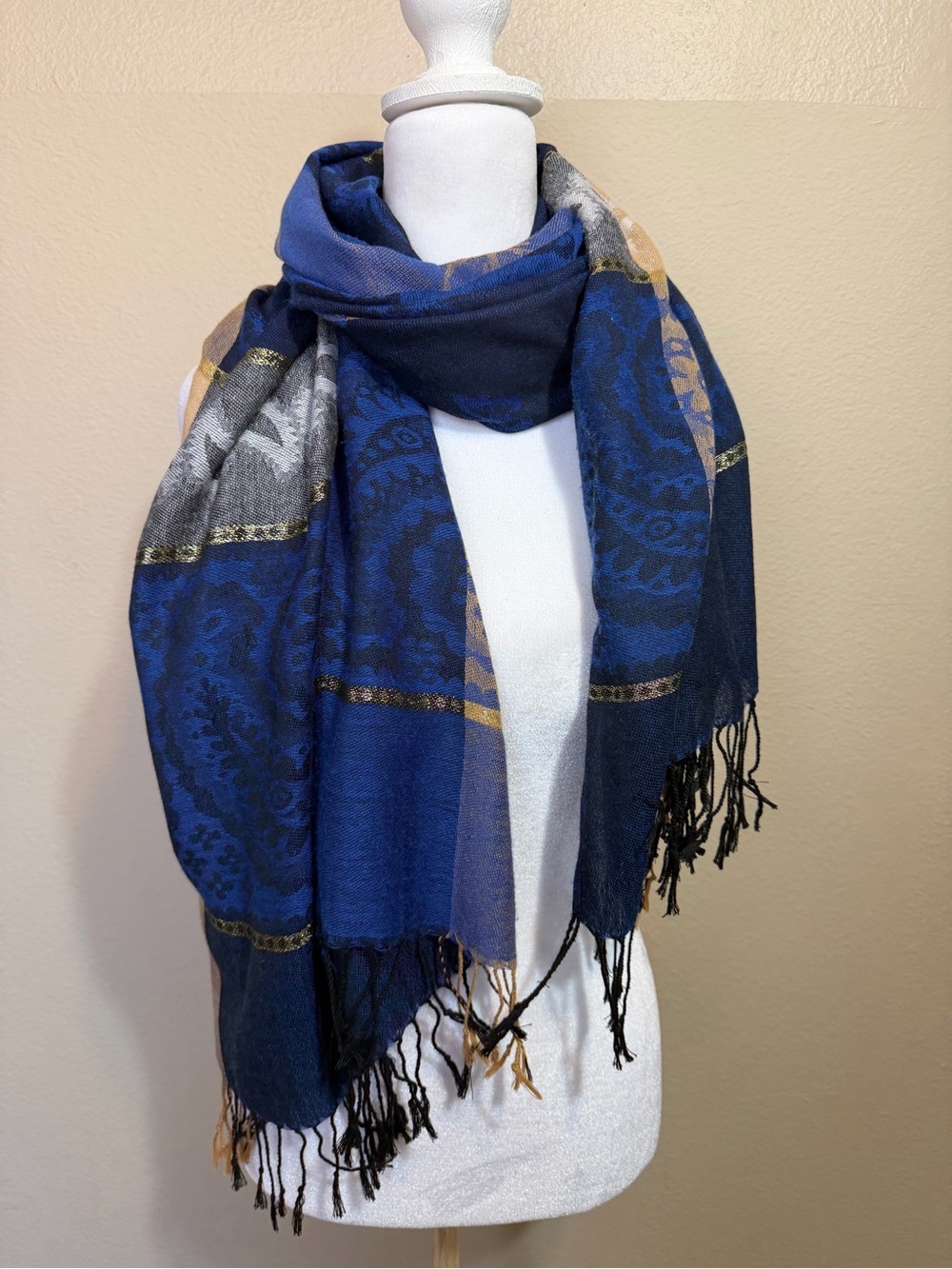 Blue Paisley & Butterfly Pashmina Scarf Shawl Wrap Metallic Gold Stripe Fringe